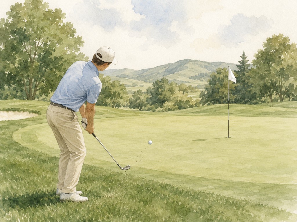 Watercolor illustration of a golfer in a blue polo and white cap following through on a shot toward a flagged green