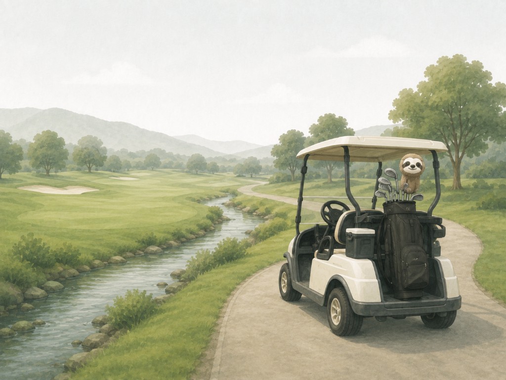 Watercolor illustration of a golf cart parked beside a stream on a course, with a sloth headcover on the bag