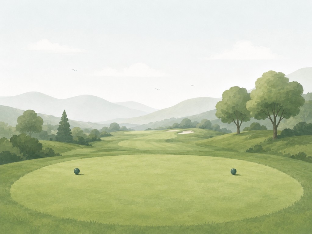 Watercolor illustration of a golf tee box looking down a fairway toward rolling hills, with sand bunkers on the right